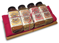 bbq dry rub spice seasonings gift set with grilling planks, red apron, and recipes